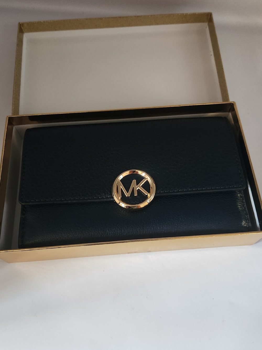 Michael Kors Navy Blue Leather Wallet with Gold MK Emblem